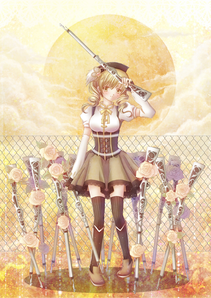 beret blonde_hair boots brown_legwear corset detached_sleeves drill_hair fingerless_gloves gloves gun hair_ornament hairpin hat highres lazy_orange light_particles magical_girl magical_musket mahou_shoujo_madoka_magica pleated_skirt puffy_sleeves ribbon rifle shirt skirt solo striped striped_legwear taut_clothes taut_shirt thighhighs tomoe_mami twin_drills twintails vertical-striped_legwear vertical_stripes weapon yellow_eyes zettai_ryouiki