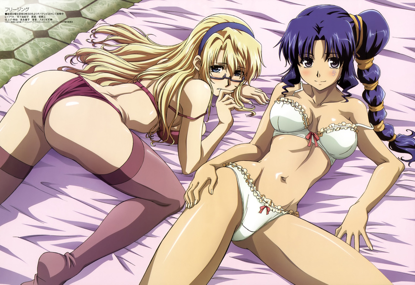 2girls blonde_hair bra bridget_satellizer cleavage freezing glasses lana_rinchen moriyama_yuuji panties purple_hair scan thighhighs underwear