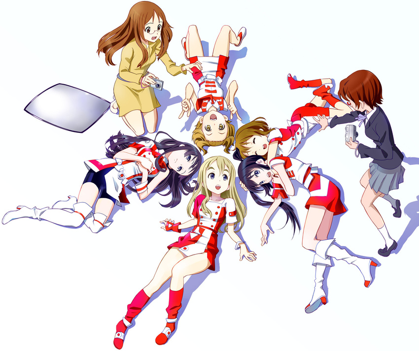 :d akiyama_mio bike_shorts black_hair blonde_hair blue_eyes boots brown_eyes brown_hair camera closed_eyes fingerless_gloves glasses gloves highres hirasawa_yui hug hug_from_behind k-on! knee_boots kneeling kotobuki_tsumugi long_hair lying manabe_nodoka multiple_girls nakano_azusa on_back on_side open_mouth round_teeth school_uniform shadow short_hair simple_background single_glove sino_(rtlsino) skirt smile tainaka_ritsu teeth thigh_boots thighhighs yamanaka_sawako