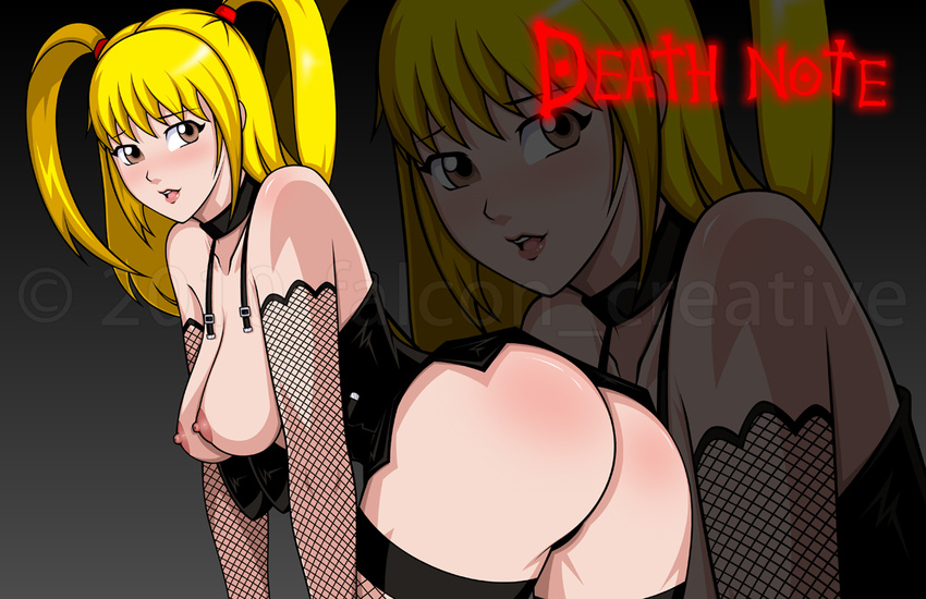 1girl amane_misa ass blonde_hair blush breasts death_note falcon-creative isreal_g._falcon large_breasts long_hair looking_at_viewer looking_back nipples smile solo thighhighs
