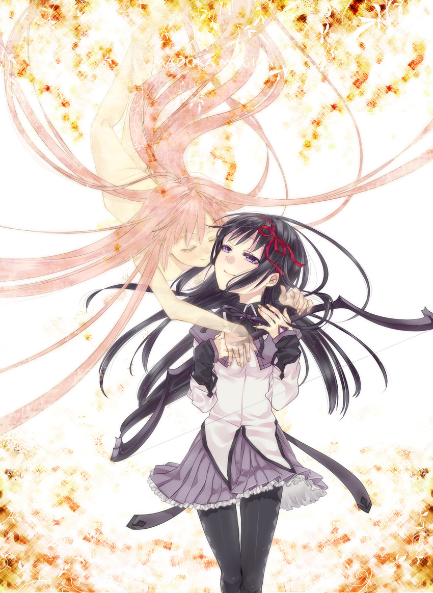 akemi_homura akua bad_id bad_pixiv_id barefoot black_hair bow_(weapon) closed_eyes face-to-face floating floating_hair flying highres hug hug_from_behind kaname_madoka light_smile long_hair magical_girl mahou_shoujo_madoka_magica multiple_girls nude pantyhose pink_hair purple_eyes ribbon spoilers tears transparent ultimate_madoka very_long_hair weapon