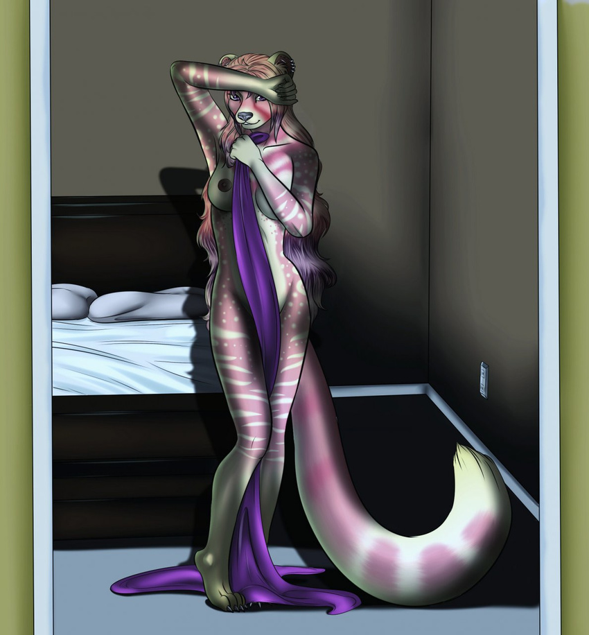 amethysia bed bedroom breasts civet covering covering_self ear_piercing earring female nude piercing pillow rafflone solo unknown_species