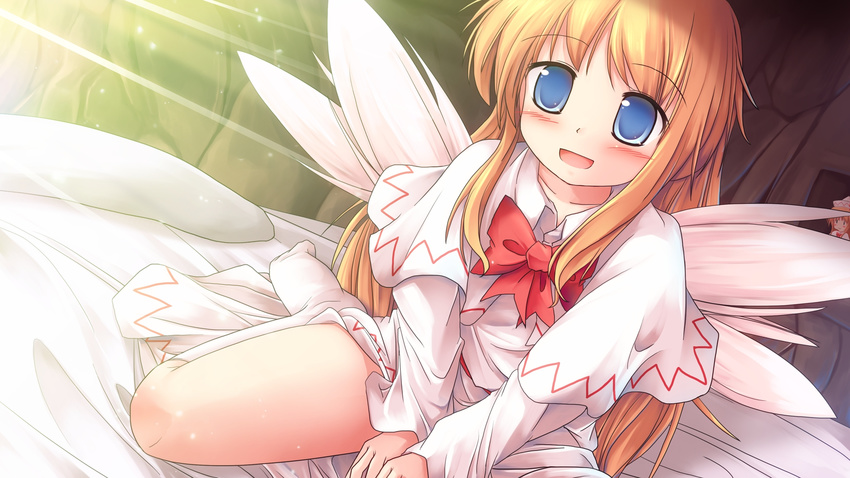 bed blonde_hair blue_eyes blush bow bowtie dress highres lily_white lzh no_hat no_headwear open_mouth sitting socks solo touhou v_arms wariza white_legwear wings