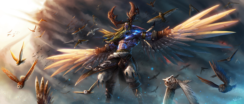 abs bird druid elf epic feathers flying highres horns malfurion_stormrage night_elf owl pointy_ears sky warcraft wings world_of_warcraft yellow_eyes