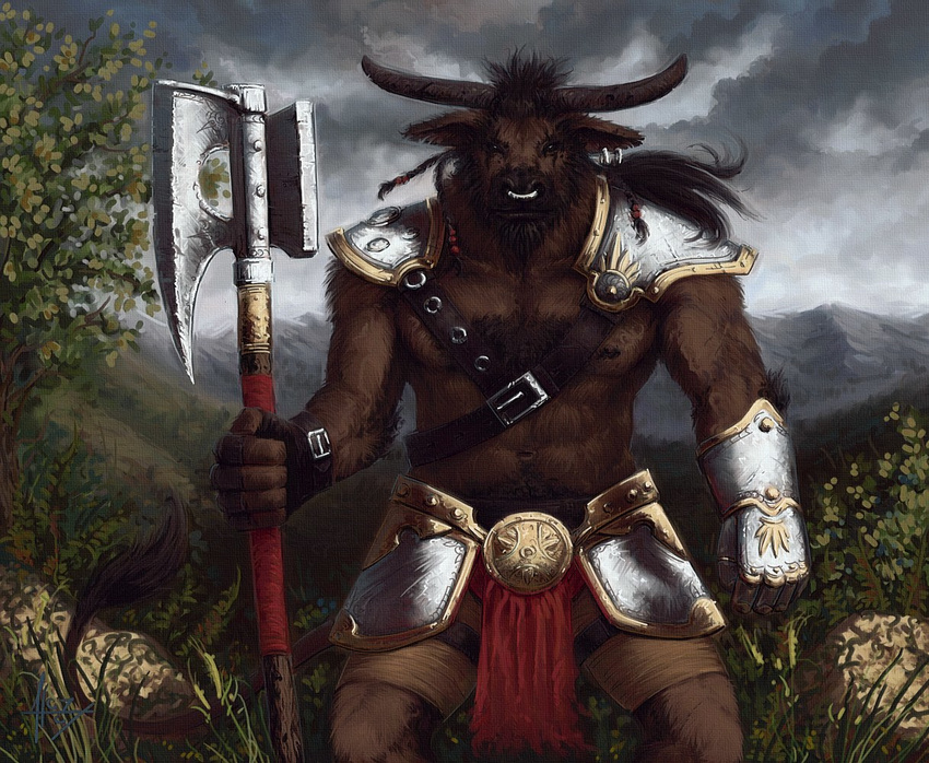 armor axe bovine bull dasaod horns loincloth male minotaur solo underwear warrior