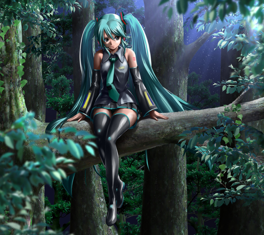 aqua_hair boots detached_sleeves hatsune_miku headset in_tree long_hair necktie night night_sky okaryuko sitting sitting_in_tree skirt sky solo star_(sky) starry_sky thigh_boots thighhighs tree twintails very_long_hair vocaloid