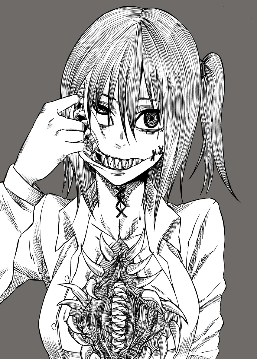 absurdres bad_id bad_pixiv_id chest_mouth extra_mouth finger_in_mouth glasgow_smile greyscale highres horror_(theme) iro_marimo long_sleeves monochrome monster monster_girl nib_pen_(medium) open_clothes open_shirt original sharp_teeth shirt side_ponytail simple_background solo stitches teeth traditional_media