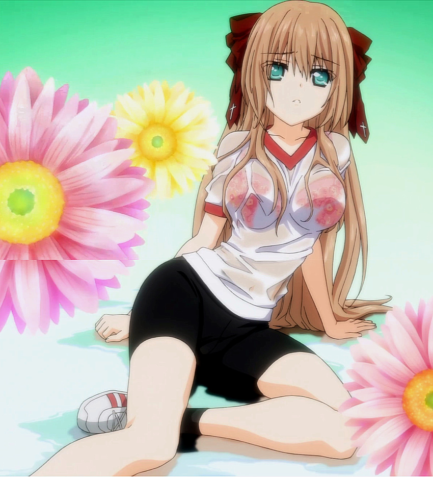 arm_support bow bra brown_hair flower green_eyes hair_bow highres lingerie long_hair mayoi_neko_overrun! navel screencap see-through serizawa_fumino shoes sitting sneakers solo stitched third-party_edit underwear