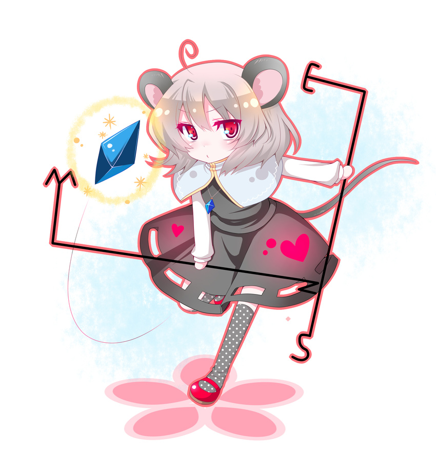 ahoge animal_ears bad_id bad_pixiv_id black_legwear blush chibi dowsing_rod frown grey_hair highres jewelry mary_janes mouse_ears mouse_tail nazrin necklace polka_dot polka_dot_legwear pout red_eyes shino_(mijinko) shoes short_hair socks solo tail touhou