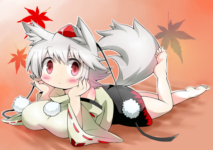 :&lt; animal_ears bad_id bad_pixiv_id bare_legs barefoot blush breast_rest breasts chibi chin_rest detached_sleeves givuchoko hat highres inubashiri_momiji large_breasts leaf leg_up lying maple_leaf on_stomach red_eyes silver_hair slit_pupils solo tail tokin_hat touhou wolf_ears wolf_tail
