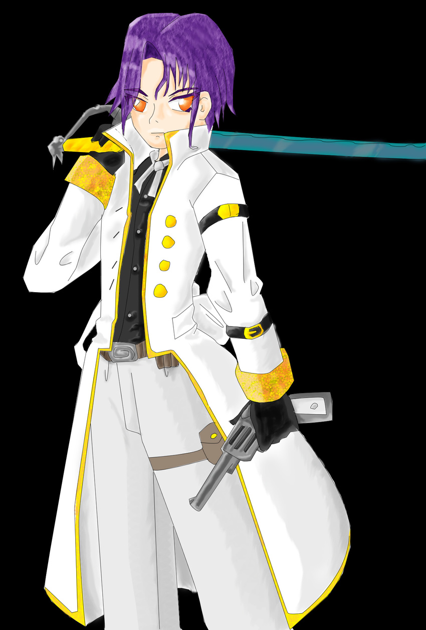 1boy gun highres male male_focus orange_eyes purple_hair revolver solo sword weapon white_pants