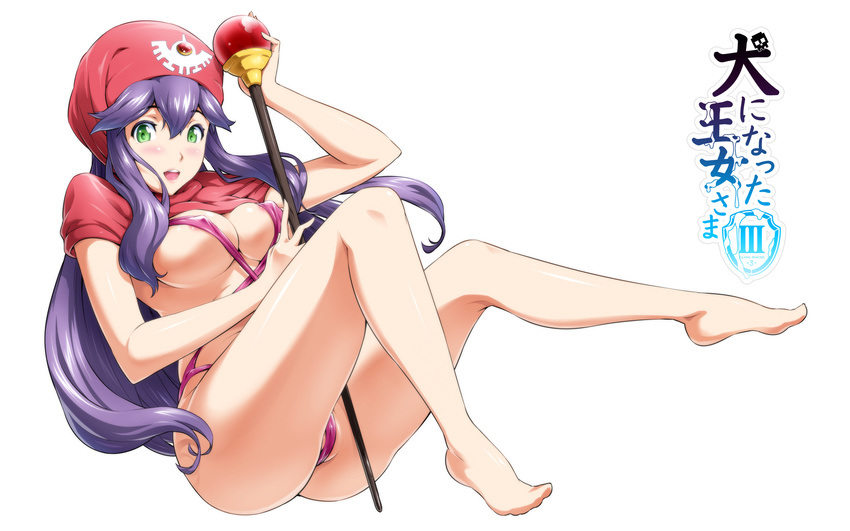 areola_slip areolae barefoot blush breasts cameltoe dragon_quest dragon_quest_ii feet green_eyes hat highres large_breasts legs long_hair long_legs princess_of_moonbrook purple_eyes purple_hair shin_(sin-maniax) sideboob slingshot_swimsuit staff swimsuit thighs weapon