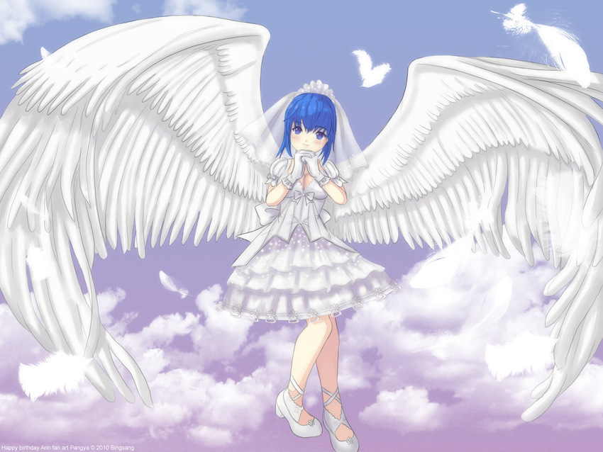 angel_wings ankle_lace-up arin bingsang blue_hair breasts cloud cross-laced_footwear dress feathers flying gloves hands_clasped long_hair medium_breasts own_hands_together pangya purple_eyes shoes sky smile solo veil wings