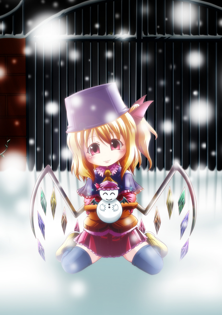 absurdres blonde_hair blush flandre_scarlet highres sd-sos short_hair side_ponytail sitting snow snowman solo thighhighs touhou