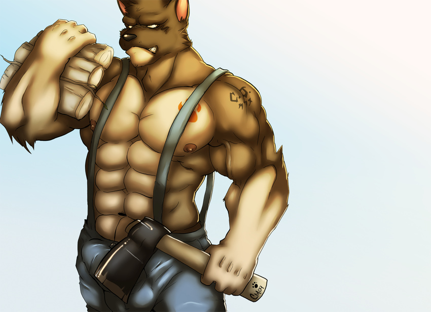 akita axe brown_eyes bulge canine cursedmarked dog erection fangs male muscles penis solo standing tail tattoo