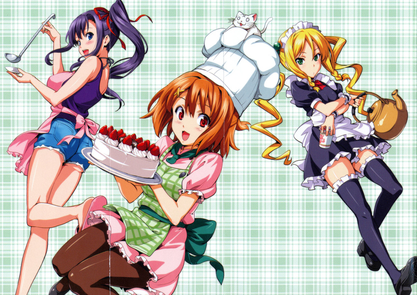 amaya_haruko apron ass cake cat denim denim_shorts food highres himegami_kodama kushiya_inaho ladle maid maid_apron maken-ki maken-ki! mary_janes multiple_girls ponytail shoes shorts slippers takeda_hiromitsu teapot thighhighs twintails wallpaper