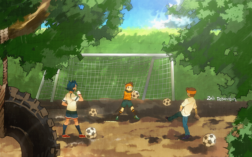 3boys bad_id bad_pixiv_id ball blue_hair brown_hair endou_daisuke endou_mamoru goal goalkeeper headband inazuma_eleven inazuma_eleven_(series) male_focus multiple_boys playing_sports rococo_urupa scenery soccer soccer_ball socks sport telstar tetsu_(teppei) tire tree