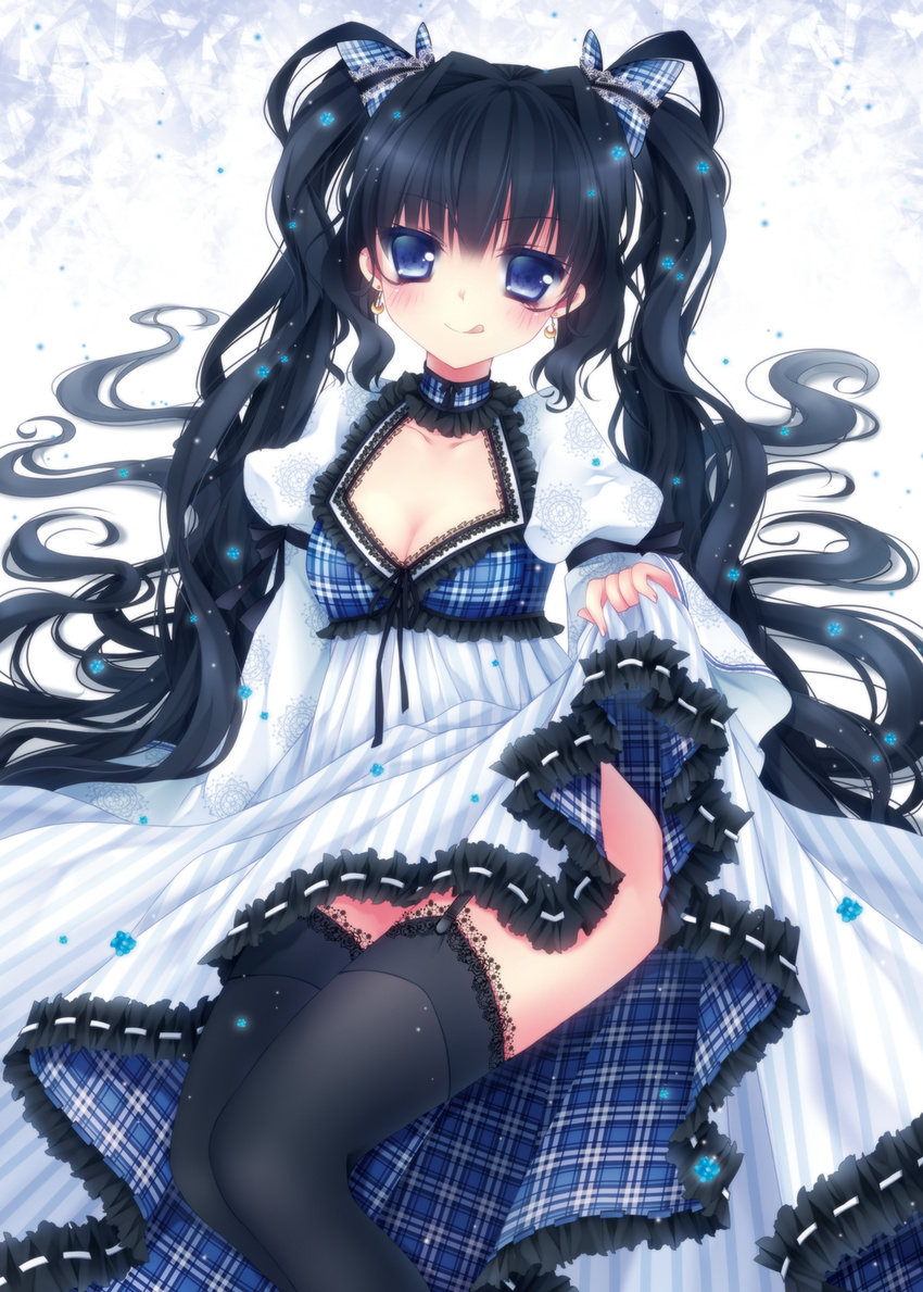 :q bad_id bad_pixiv_id black_hair black_legwear blue_eyes dress earrings frilled_dress frills garter_straps highres jewelry lace lace-trimmed_thighhighs long_hair mikazuki_sara original skirt skirt_lift thighhighs tongue tongue_out twintails