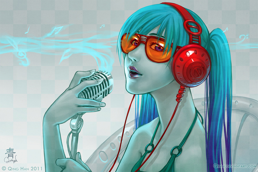 aqua_hair bass_clef beamed_eighth_notes beamed_sixteenth_notes eighth_note hatsune_miku headphones lips long_hair microphone musical_note qinni quarter_note smoke solo sunglasses treble_clef twintails upper_body vocaloid