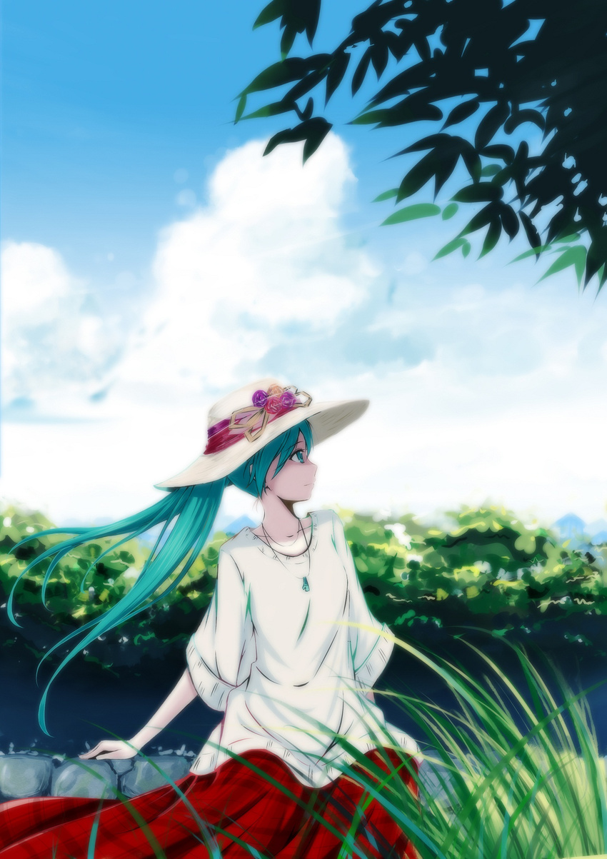 cloud day floating_hair grass hatsune_miku highres jewelry leaf long_hair necklace profile sky sola7764 solo summer vocaloid wind