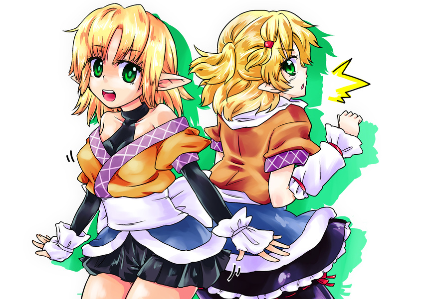 2girls alternate_costume arm_warmers asamori bare_shoulders blonde_hair dual_persona green_eyes hair_down hair_ornament highres looking_back mizuhashi_parsee multiple_girls open_mouth pointy_ears scarf short_hair smile touhou