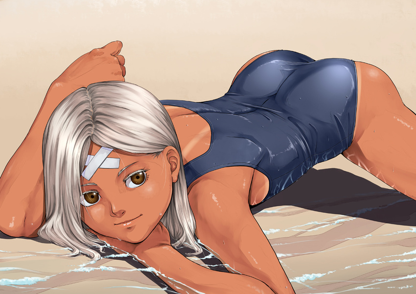 ass back bad_id bad_pixiv_id bandages beach brown_eyes face himegami_shino long_hair one-piece_swimsuit original sand school_swimsuit shadow silver_hair solo swimsuit tan tanline top-down_bottom-up water