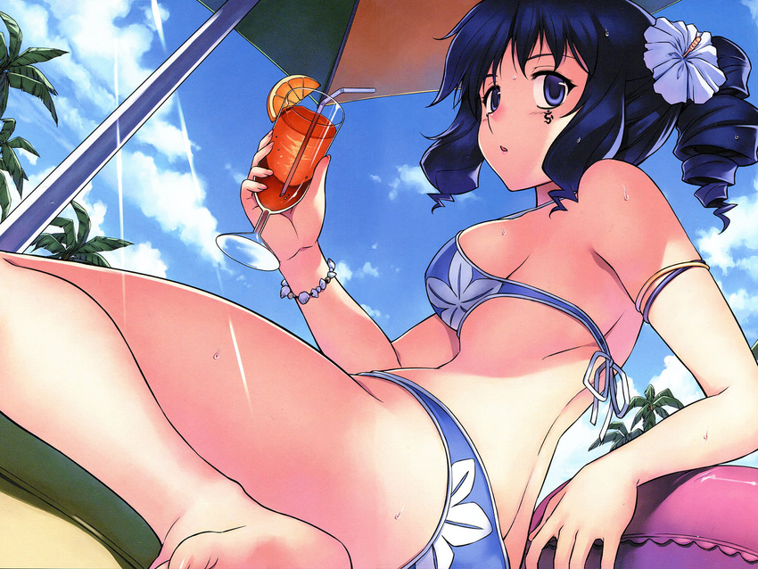 bikini blue_eyes blue_hair cleavage drink freezing kim_kwang_hyun linchen_rana swimsuit