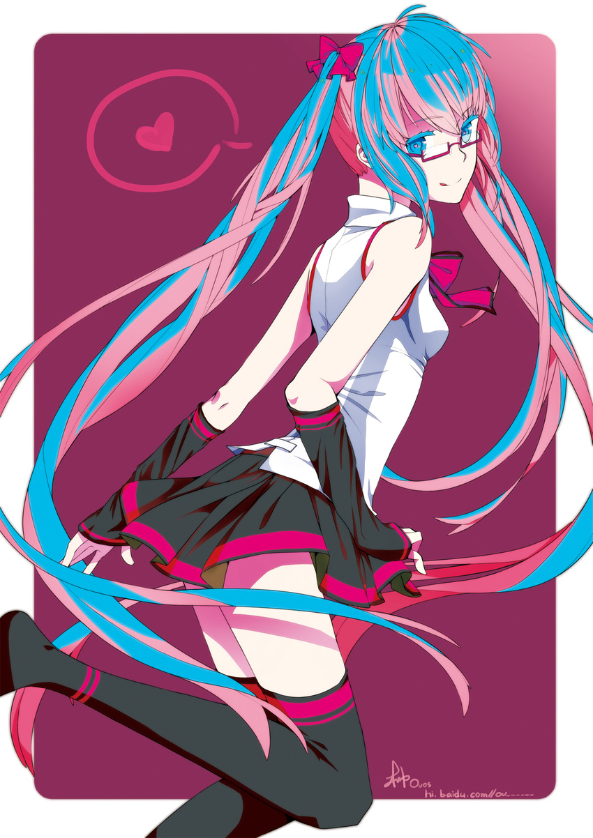:q aqua_eyes aqua_hair arm_warmers bad_id bad_pixiv_id bespectacled glasses hatsune_miku heart highres long_hair looking_back open_mouth ovos signature skirt smile solo spoken_heart thighhighs tongue tongue_out twintails very_long_hair vocaloid zettai_ryouiki