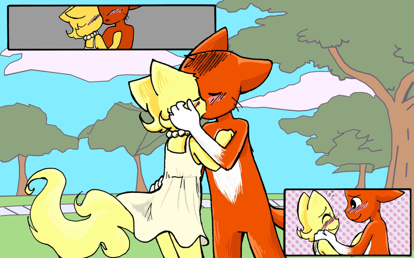 abbey abbey_(bcb) abbeyxdaisy anthro bittersweet_candy_bowl blush cat colored daisy daisy_(bcb) dress duo feline female kissing male mammal spacemouse_(artist) straight wallpaper widescreen