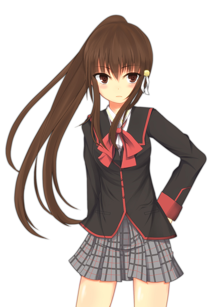 bad_id bad_pixiv_id bow brown_eyes brown_hair bukkira_(roy028june) highres little_busters! long_hair natsume_rin pink_bow plaid plaid_skirt ponytail school_uniform skirt solo