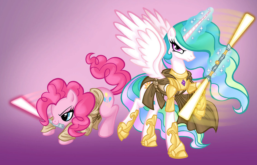 artnerdem double-bladed_lightsaber equine female feral friendship_is_magic fur hair horn horns horse jedi lightsaber mammal multi-colored_hair my_little_pony parody pegacorn pink pink_body pink_fur pink_hair pinkie_pie_(mlp) pony princess princess_celestia_(mlp) rainbow_hair robe royalty star_wars sword weapon white white_feathers white_fur winged_unicorn wings