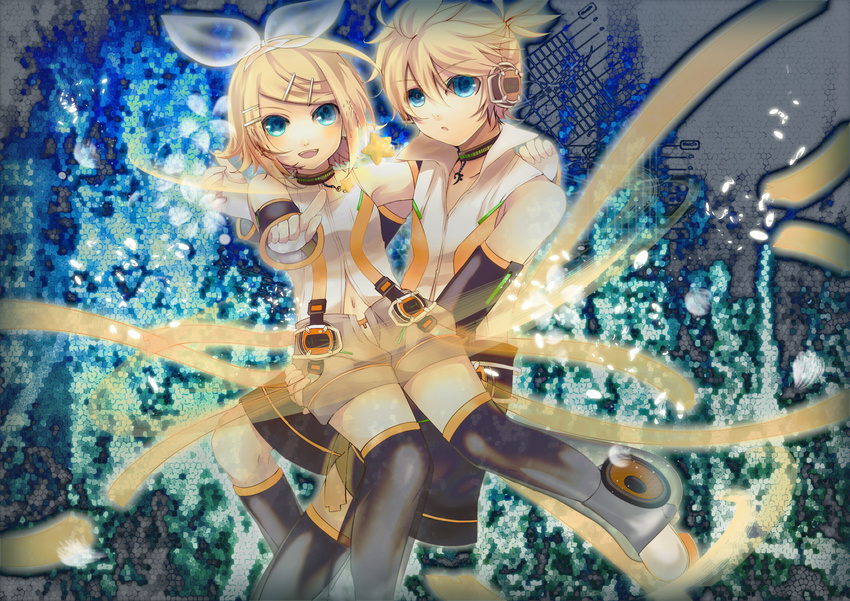 1girl bad_id bad_pixiv_id brother_and_sister highres kagamine_len kagamine_rin siblings soriku thighhighs twins vocaloid vocaloid_append