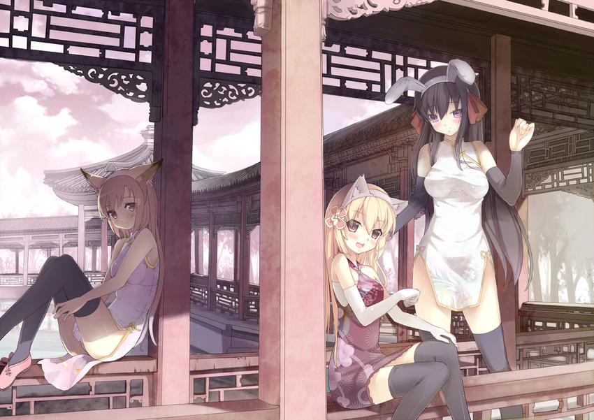 animal_ears architecture black_hair black_legwear blonde_hair blush bunny_ears cat_ears china_dress chinese_clothes cloud dress east_asian_architecture elbow_gloves floral_print flower fox_ears gloves hair_flower hair_ornament hair_ribbon highres lake long_hair multiple_girls open_mouth original paw_pose purple_eyes red_eyes ribbon sitting sky spirtie thighhighs water zettai_ryouiki