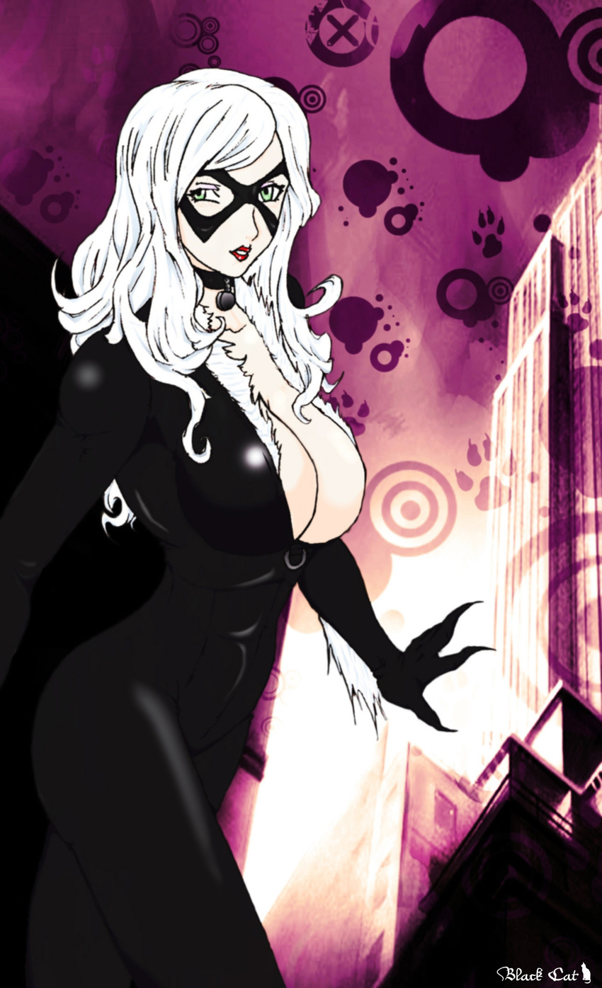 1girl big_breasts black_cat_(marvel) bodysuit breasts choker claws cleavage felicia_hardy green_eyes highres large_breasts lipstick makeup supernova_(artist) white_hair