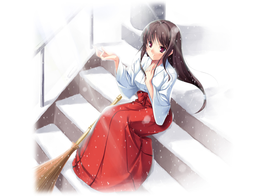 bad_id bad_pixiv_id broom brown_hair highres japanese_clothes miko mogami_noa original red_eyes sitting sitting_on_stairs snow solo stairs wallpaper