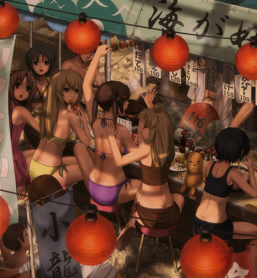 6+girls :&lt; ahoge bikini black_hair brown_hair everyone facepalm food food_stand highres long_hair minami-ke minami_chiaki minami_haruka minami_kana minami_touma multiple_boys multiple_girls short_hair side-tie_bikini stuffed_animal stuffed_toy swimsuit taono_kinoko uchida_yuka yoshino_(minami-ke)