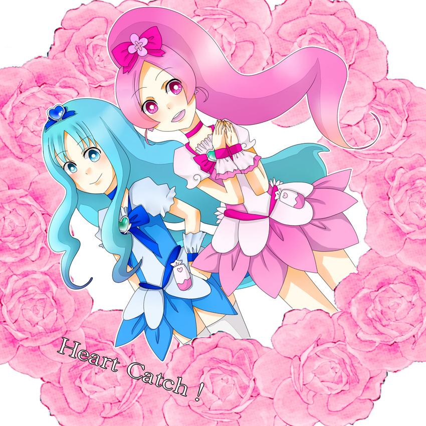 blue_choker blue_eyes blue_hair blue_skirt blush bow choker copyright_name cure_blossom cure_marine earrings flower hanasaki_tsubomi heart heartcatch_precure! highres jewelry kurumi_erika long_hair magical_girl multiple_girls open_mouth pink_bow pink_choker pink_eyes pink_flower pink_hair pink_rose ponytail precure rose skirt smile thighhighs wrist_cuffs