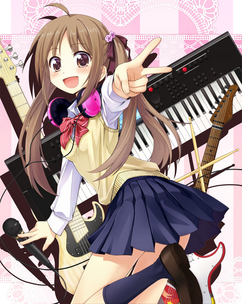 :d ahoge amagai_tarou blush brown_eyes brown_hair drumsticks electric_guitar guitar headphones headphones_around_neck highres instrument keyboard_(instrument) long_hair looking_at_viewer looking_back microphone open_mouth original outstretched_arm pleated_skirt school_uniform shadow skirt smile solo twintails v wide-eyed