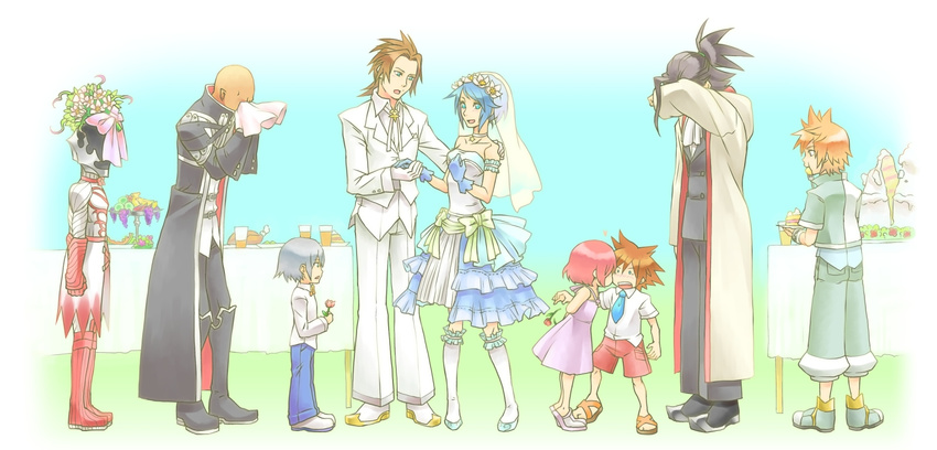 aqua_(kingdom_hearts) banana_gyuunyuu cake crying dress eating flower food highres kairi kingdom_hearts kingdom_hearts_birth_by_sleep kiss master_eraqus master_xehanort riku sora_(kingdom_hearts) tears terra_(kingdom_hearts) vanitas ventus wedding wedding_dress