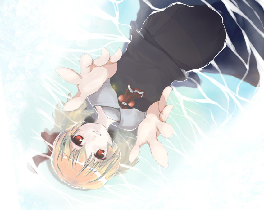 afloat beegle blonde_hair dress dutch_angle foreshortening hair_ribbon hands light_smile lying outstretched_hand reaching red_eyes ribbon rumia short_hair smile solo touhou upside-down water