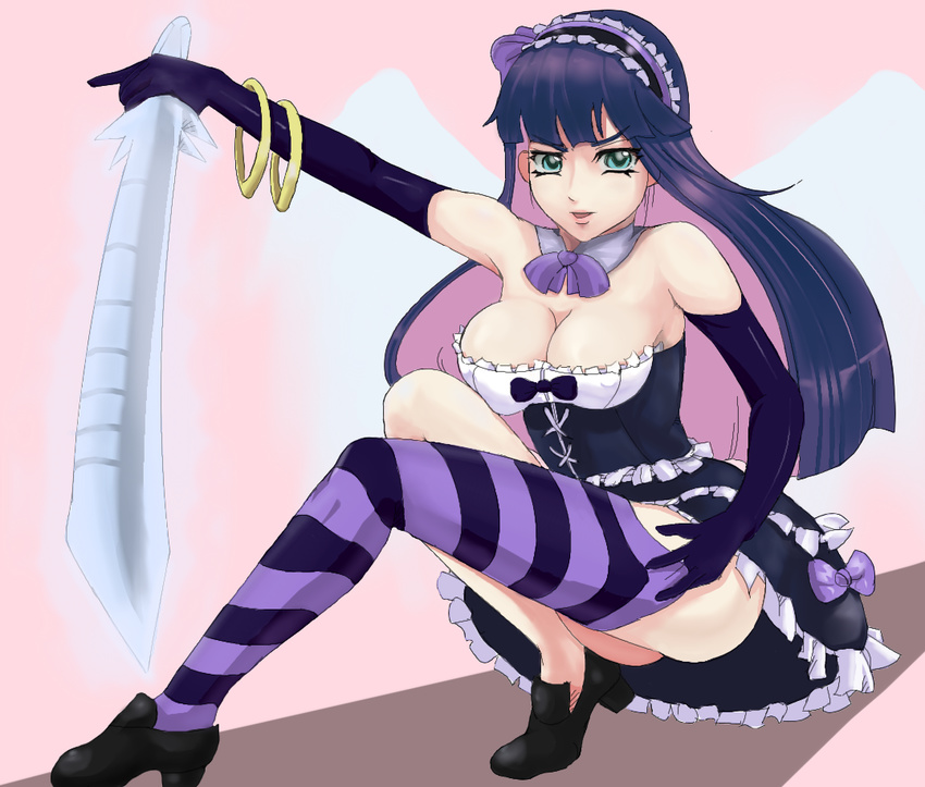 1girl back_lace bangs bare_shoulders breasts cleavage detached_collar elbow_gloves gloves large_breasts long_hair looking_at_viewer no_bra panty_&amp;_stocking_with_garterbelt purple_hair sakuama sakuama_chuu solo stocking_(character) stocking_(psg) sword two-tone_hair weapon