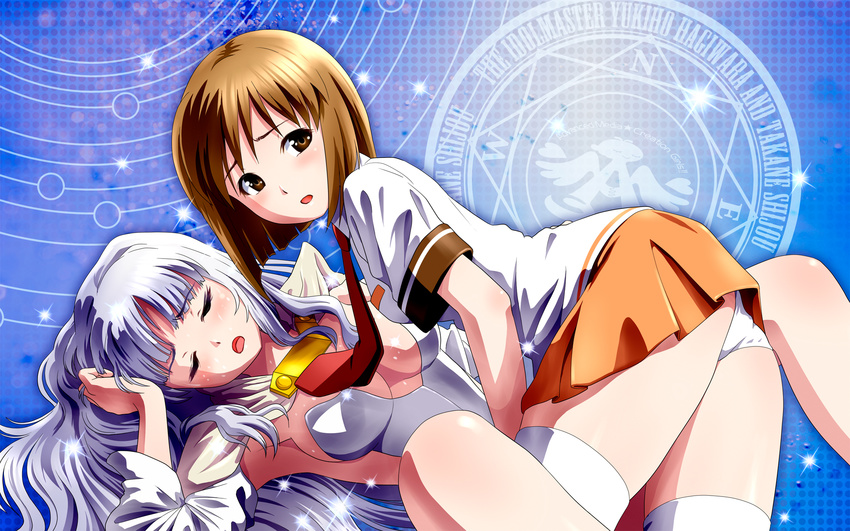 arcana_heart bob_cut breasts brown_hair cleavage cosplay girl_on_top hagiwara_yukiho highres idolmaster idolmaster_(classic) long_hair medium_breasts misono_gakuen_school_uniform multiple_girls orange_skirt panties ponnetsu school_uniform shijou_takane short_hair silver_hair skirt sweatdrop thighhighs underwear wallpaper