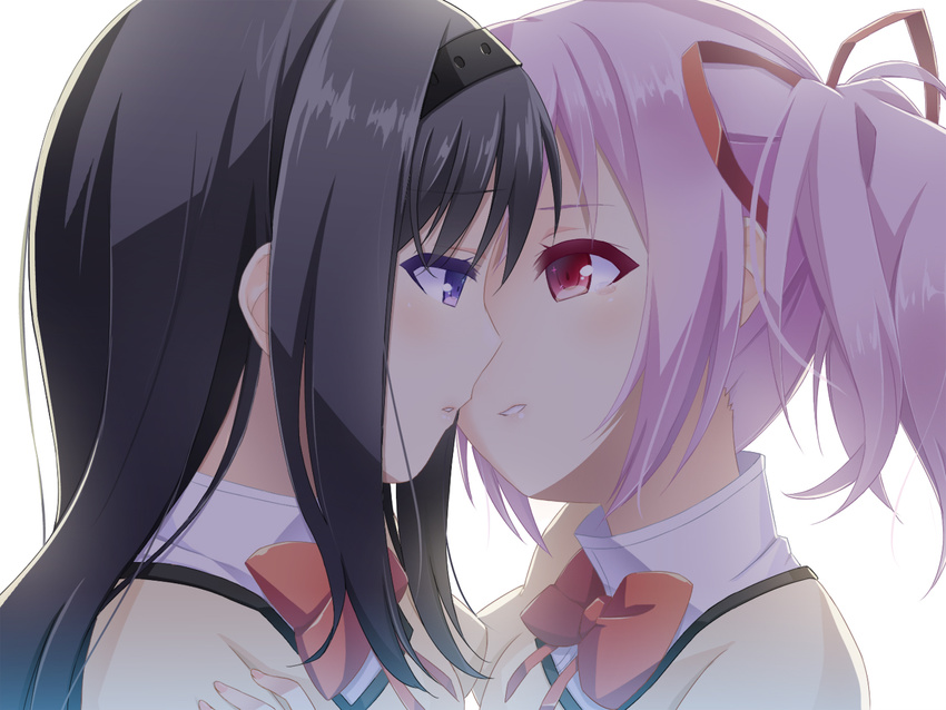 akemi_homura bad_id bad_pixiv_id bangs black_hair blue_eyes couple eye_contact eyebrows_visible_through_hair face hair_ribbon hairband imminent_kiss kaname_madoka long_hair looking_at_another mahou_shoujo_madoka_magica mitakihara_school_uniform multiple_girls pink_eyes pink_hair portrait revision ribbon school_uniform senoo_aoi yuri