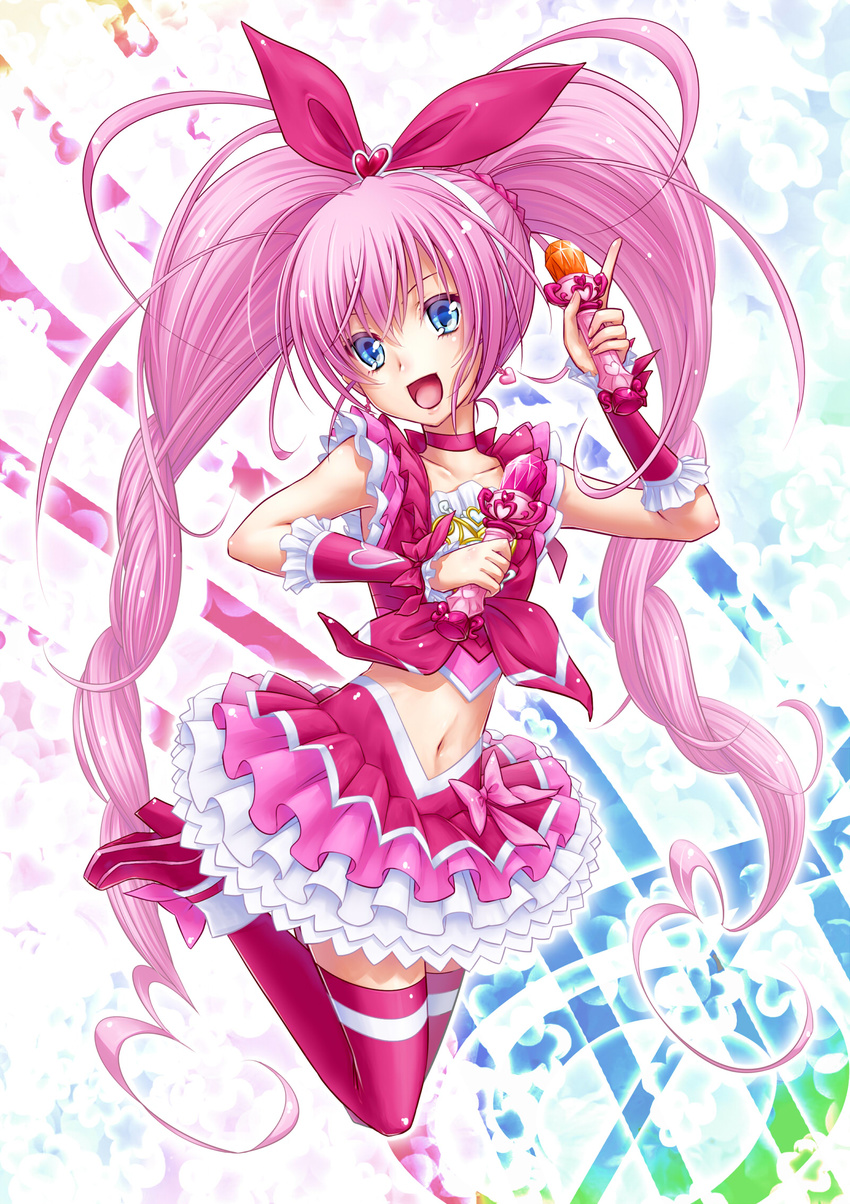 :d bad_id bad_pixiv_id blue_eyes boots bow choker collarbone cure_melody highres houjou_hibiki long_hair magical_girl midriff miracle_belltier navel open_mouth pink_bow pink_choker pink_hair precure smile solo suite_precure thighhighs twintails yuu_(derodero)