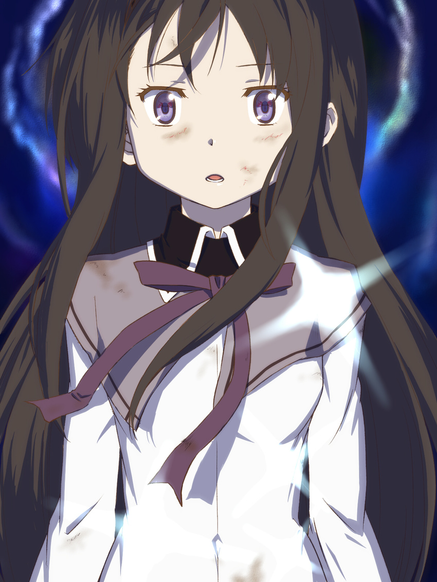 akemi_homura bad_id bad_pixiv_id black_hair eye_reflection face glint highres long_hair mahou_shoujo_madoka_magica official_style open_mouth purple_eyes reflection solo surprised tori_(ritcrover) upper_body