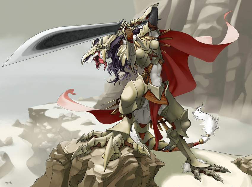 armor battle_stance cape claws fangs fantasy female fighting_stance fur furry green_eyes long_tongue mountain multicolored_hair open_mouth outdoors rain_silves rock sergal sky solo sword tail tongue trancy_mick wallpaper weapon