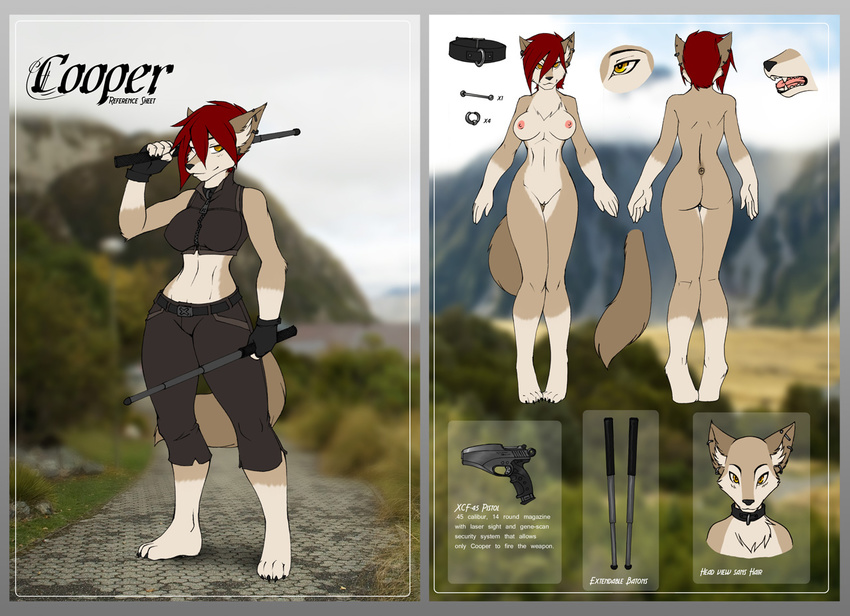 big_breasts breasts canine collar cooper cooper_(artist) extendable_baton female gun model_sheet nude piercing solo weapon wide_hips