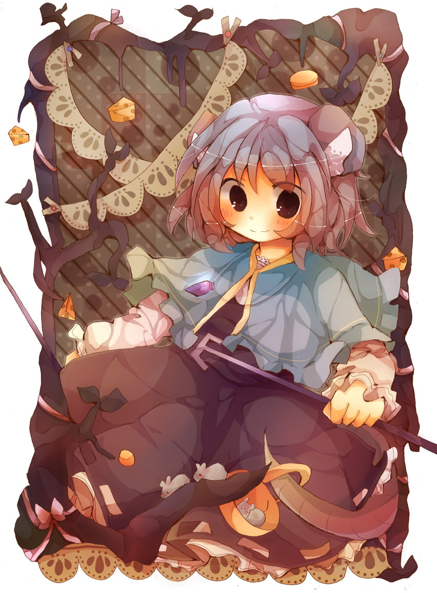 animal_ears bad_id bad_pixiv_id black_eyes cheese dowsing_rod dress food grey_hair highres jewelry mouse mouse_ears mouse_tail nanahamu nazrin necklace smile solo tail touhou