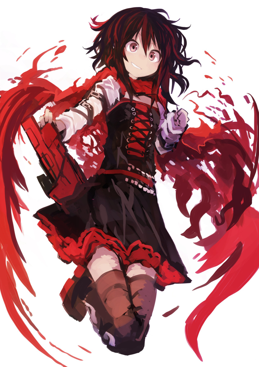 1girl absurdres belt black_belt black_skirt bob_cut cloak commentary_request cross-laced_clothes full_body grin hair_between_eyes highres holding kaamin_(mariarose753) legs_together looking_at_viewer loose_belt medium_hair red red_cloak ruby_rose rwby sideways_mouth simple_background skirt smile solo thighhighs white_background