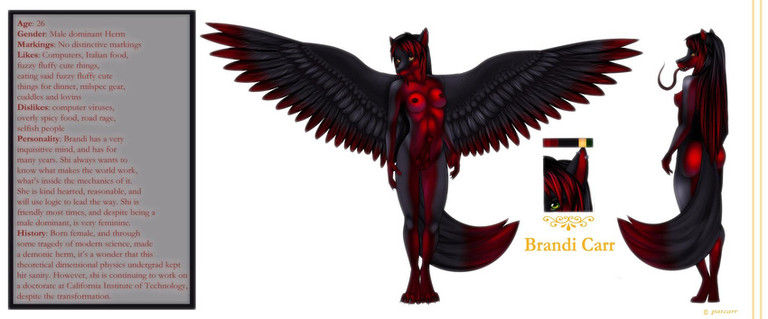 anthro black brandi_carr breasts canine claws fur hair herm intersex long_tongue mammal model_sheet nipples nude piercing plain_background rafflone red red_belly red_hair red_nipples sheath solo tail tongue white_background wings yellow_eyes